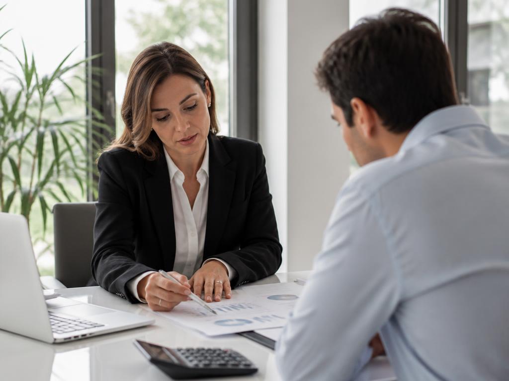 Consulente che illustra un contratto di finanziamento a un cliente